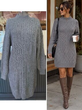 NWT Old Navy Gray Mixed Chunky Cable Knit Mock Neck Sweater Dress Sz L 💚🍄